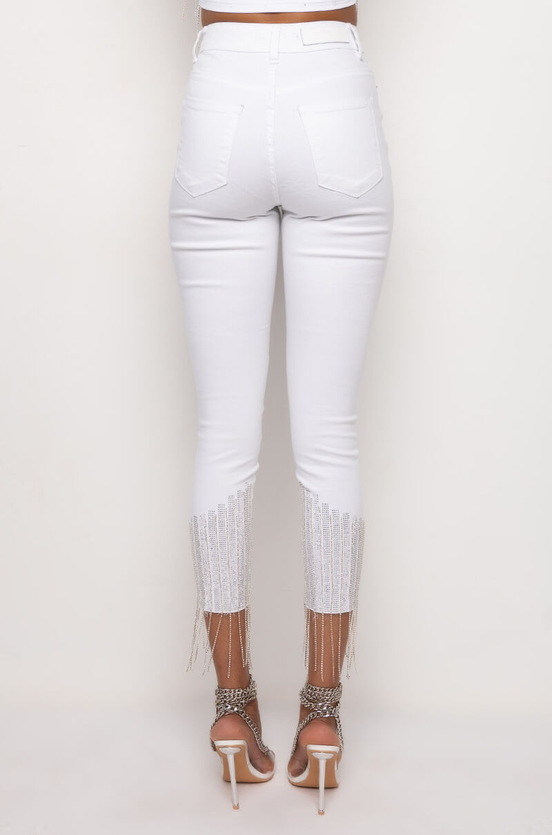 TOO GOOD HIGH WAISTED RHINESTONE FRINGE SKINNY JEANS