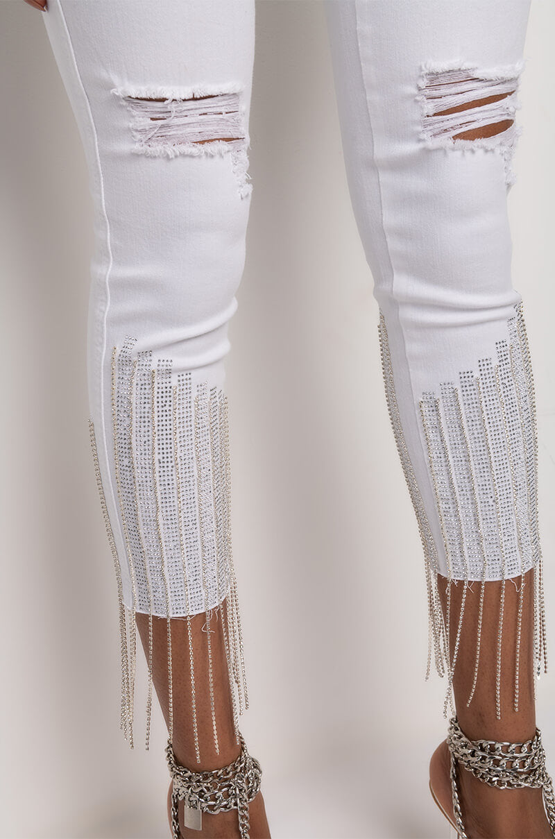 TOO GOOD HIGH WAISTED RHINESTONE FRINGE SKINNY JEANS