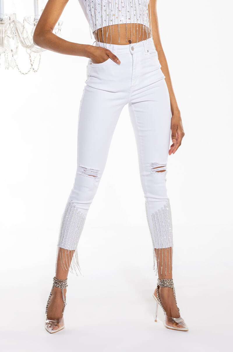 TOO GOOD HIGH WAISTED RHINESTONE FRINGE SKINNY JEANS
