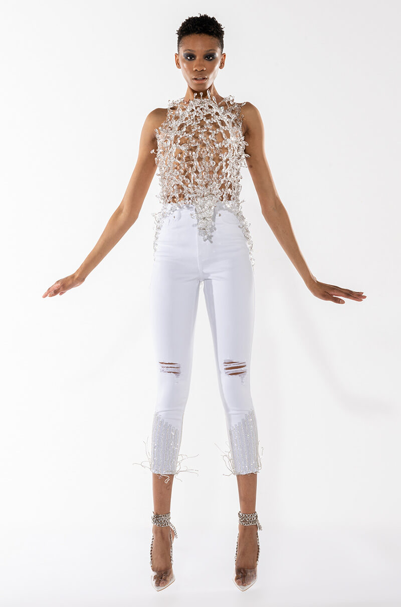 TOO GOOD HIGH WAISTED RHINESTONE FRINGE SKINNY JEANS