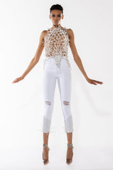 TOO GOOD HIGH WAISTED RHINESTONE FRINGE SKINNY JEANS