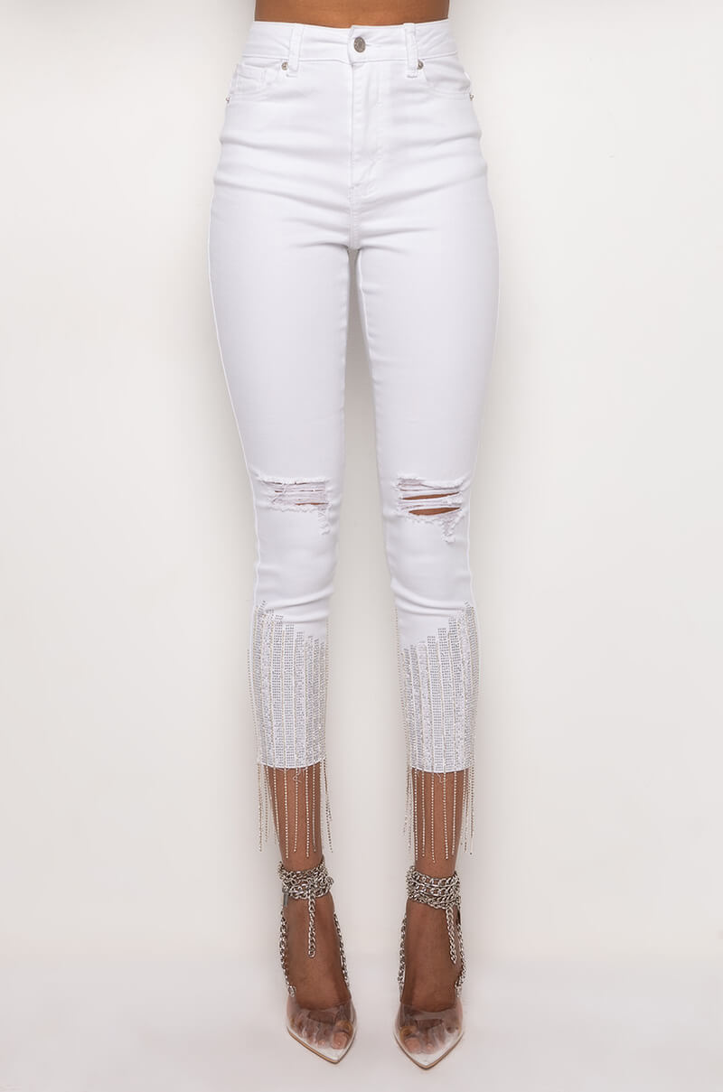 TOO GOOD HIGH WAISTED RHINESTONE FRINGE SKINNY JEANS