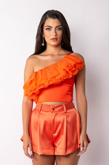 LILA ONE SHOULDER RUFFLED CROP TOP