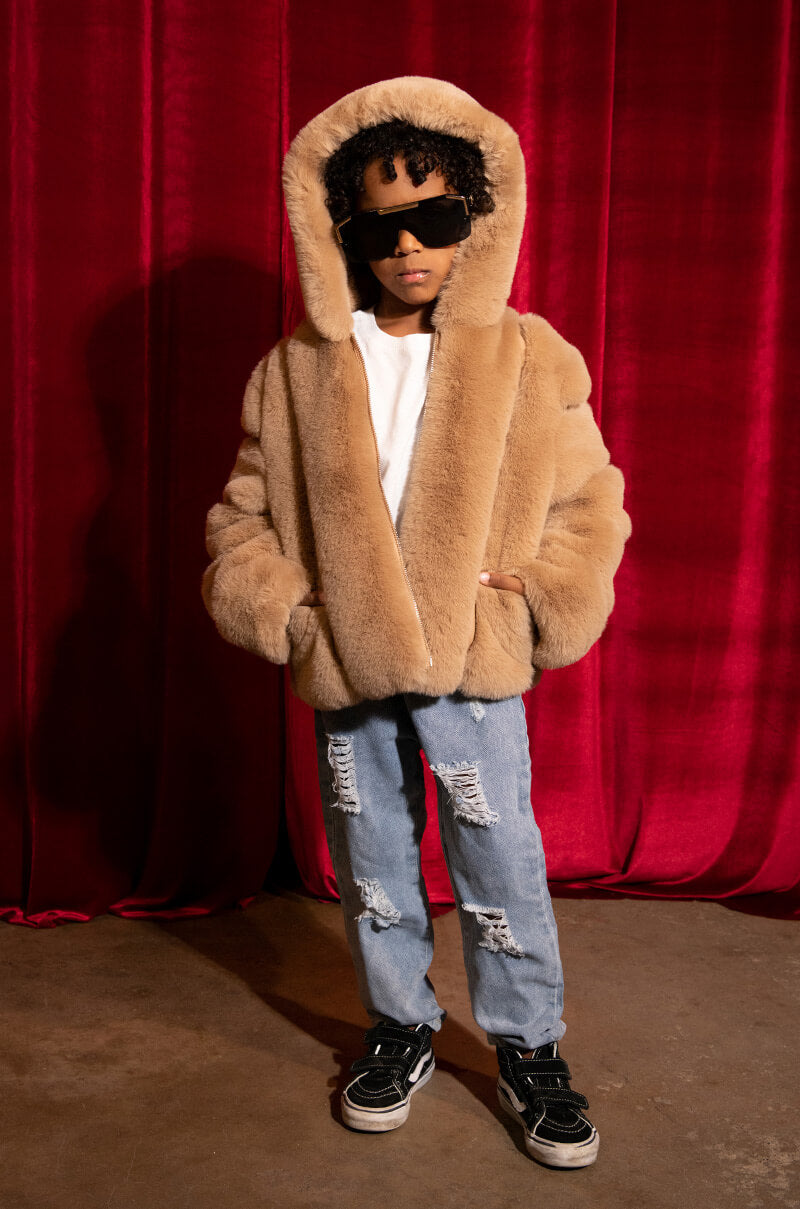 GOT IT FROM MY MAMA FAUX FUR HOODED JACKET