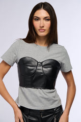 GOT ME TWISTED T SHIRT WITH FAUX LEATHER CORSET DETAIL
