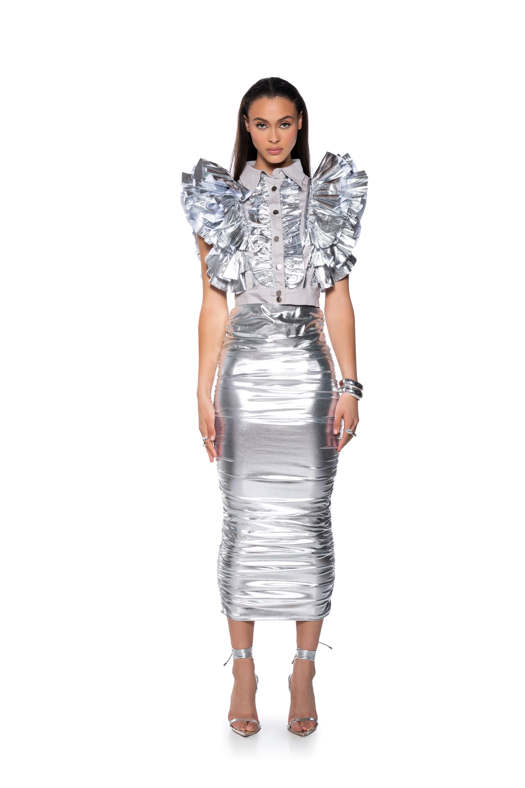 GREATEST SHOW METALLIC RUFFLE BUTTON DOWN BLOUSE