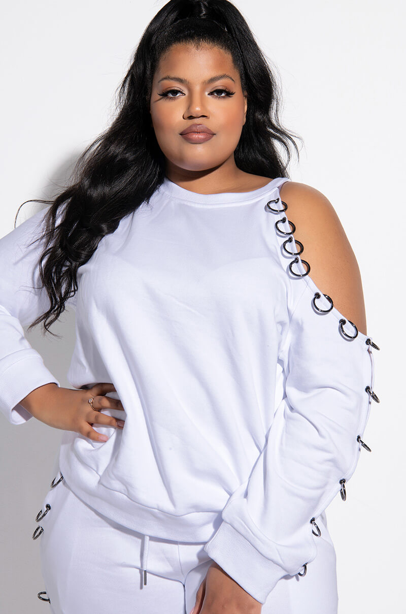 HALO COLD SHOULDER RING DETAIL CREW NECK SWEATSHIRT