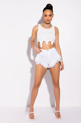 HANALEI RHINESTONE FRAYED HIGH RISE DENIM SHORT