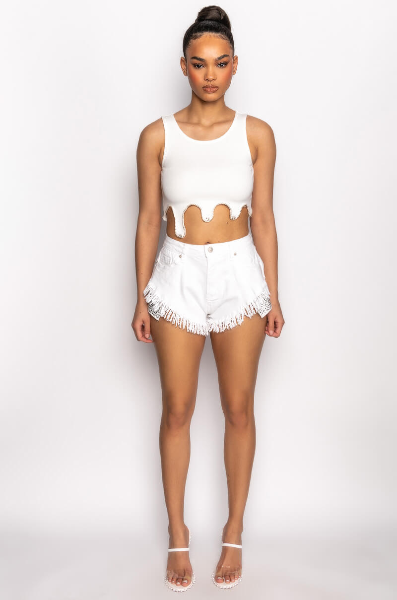 HANALEI RHINESTONE FRAYED HIGH RISE DENIM SHORT