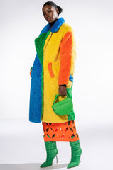 MULTI COLOR BLOCK RAINBOW TEDDY FAUX FUR COAT