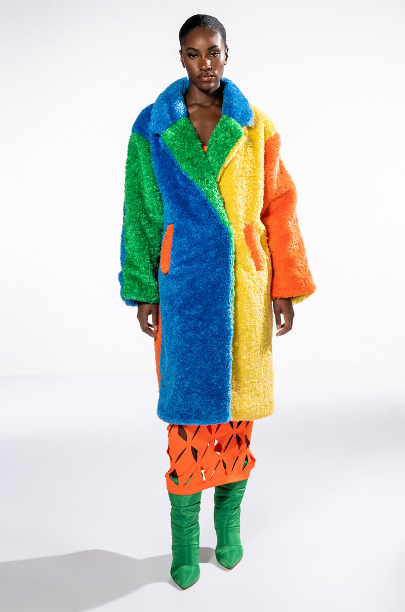 MULTI COLOR BLOCK RAINBOW TEDDY FAUX FUR COAT