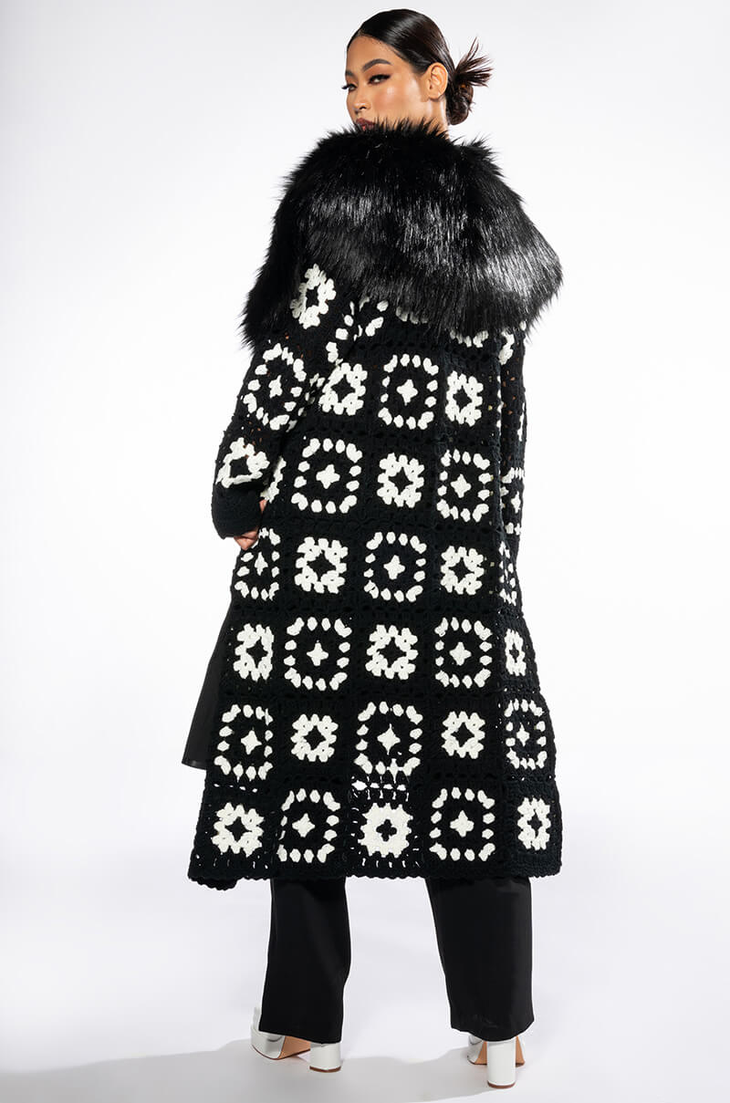 HAYAO HAND KNIT CROCHET TRENCH WITH FAUX FUR COLLAR