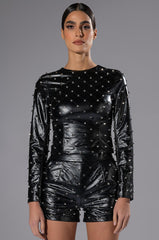 NICO FAUX LEATHER SPIKE DETAILED LONG SLEEVE TOP