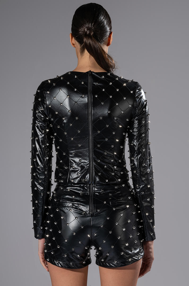 NICO FAUX LEATHER SPIKE DETAILED LONG SLEEVE TOP
