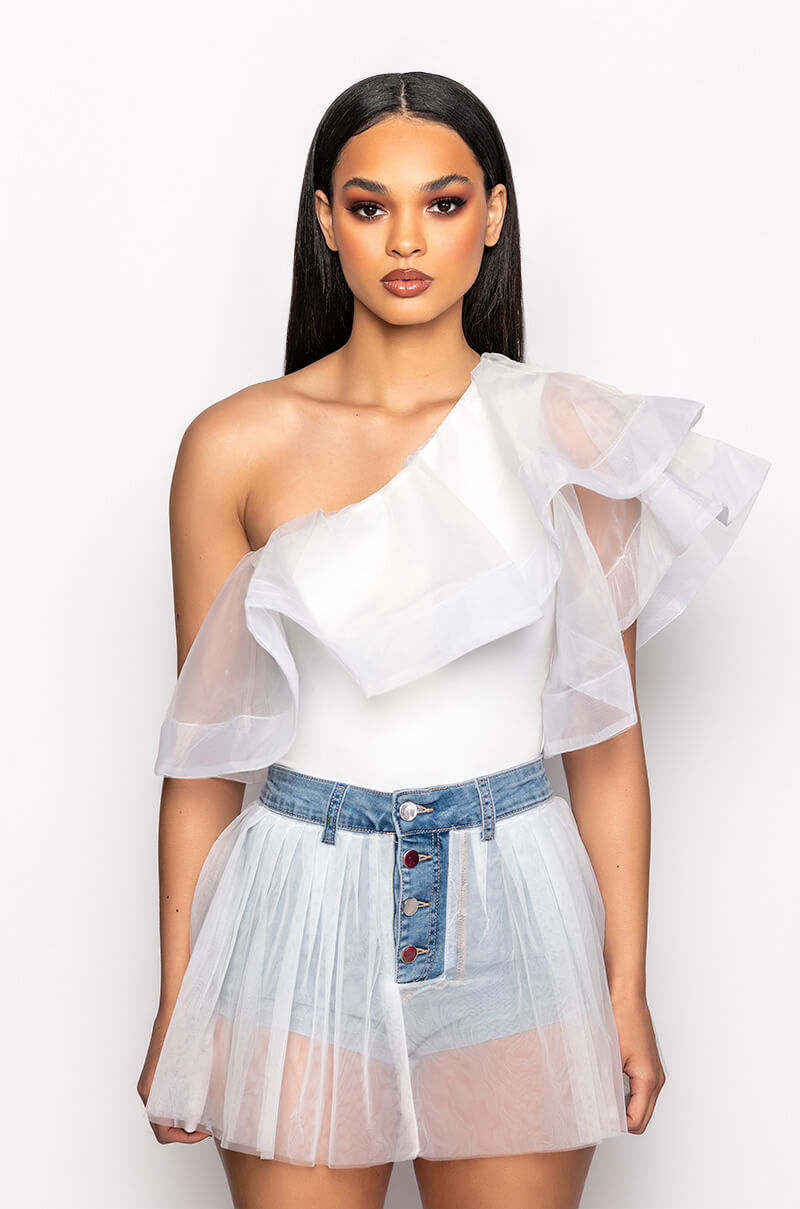 HEAVENLY ONE SHOULDER RUFFLE BODYSUIT