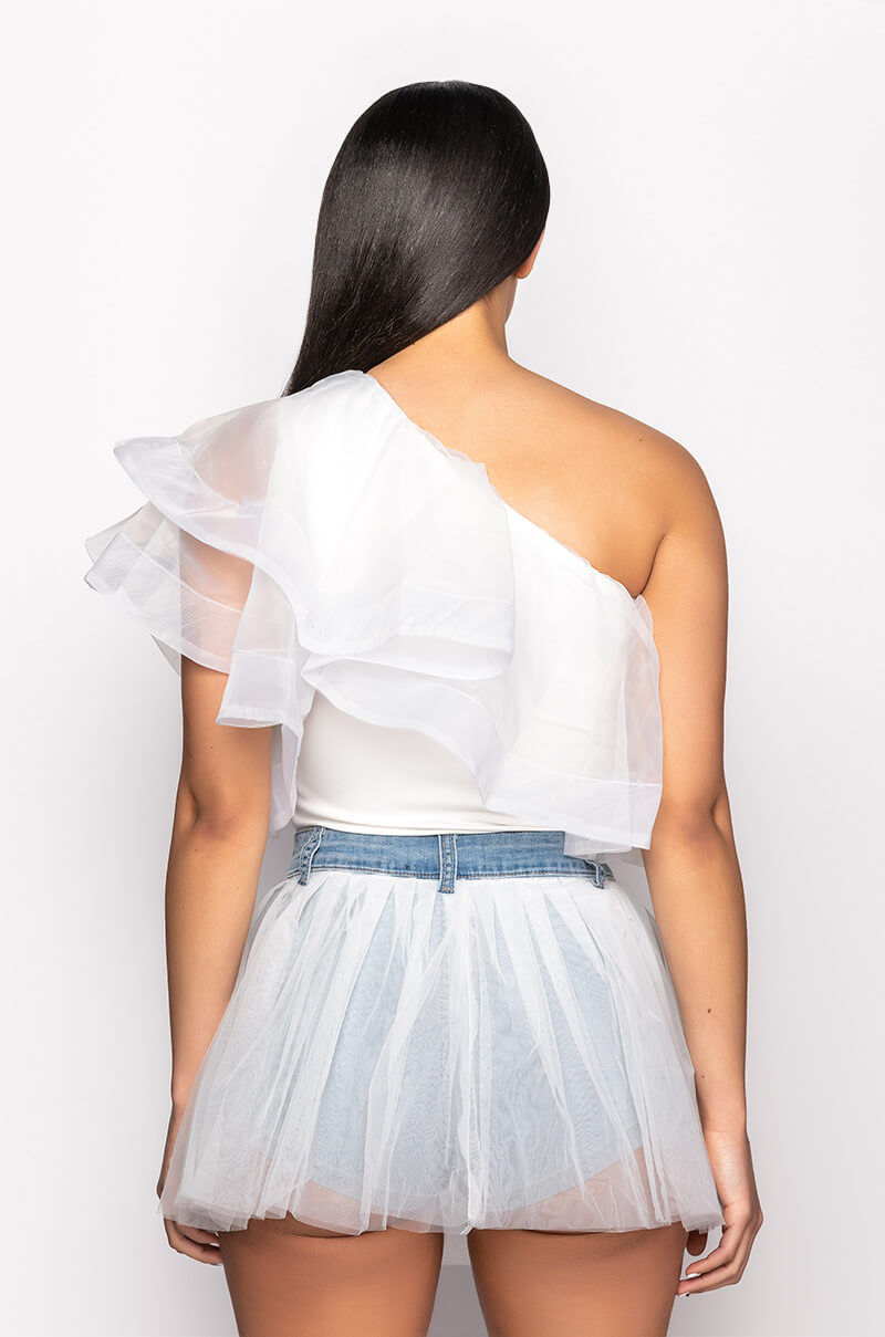 HEAVENLY ONE SHOULDER RUFFLE BODYSUIT