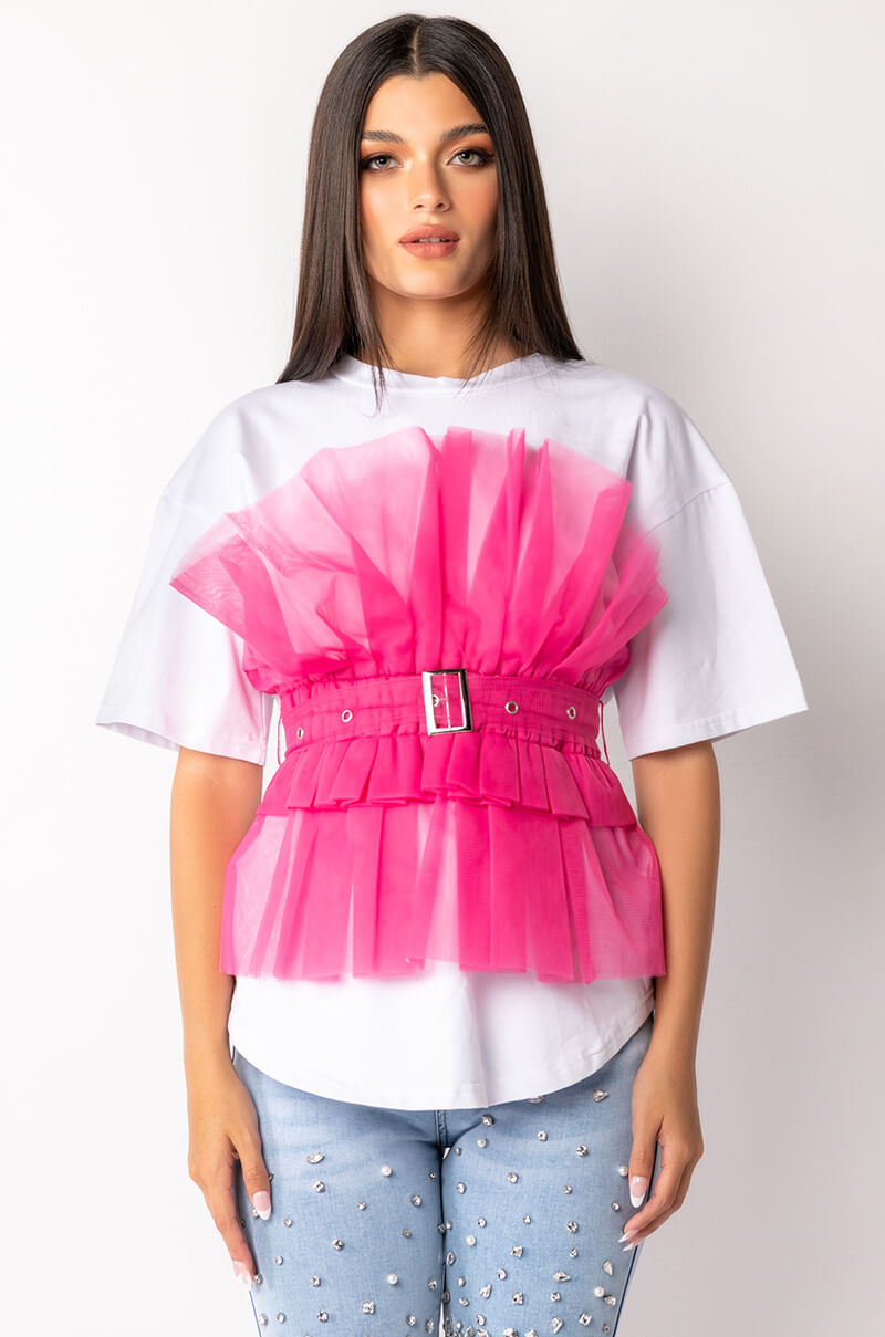 HERE COMES TROUBLE TULLE DETAIL BELTED T SHIRT