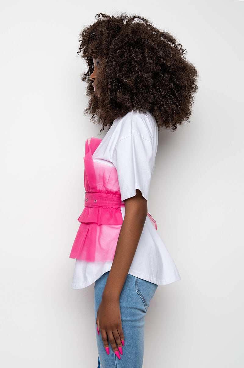 HERE COMES TROUBLE TULLE DETAIL BELTED T SHIRT