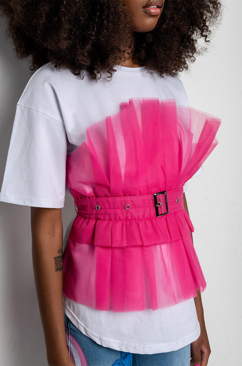 HERE COMES TROUBLE TULLE DETAIL BELTED T SHIRT