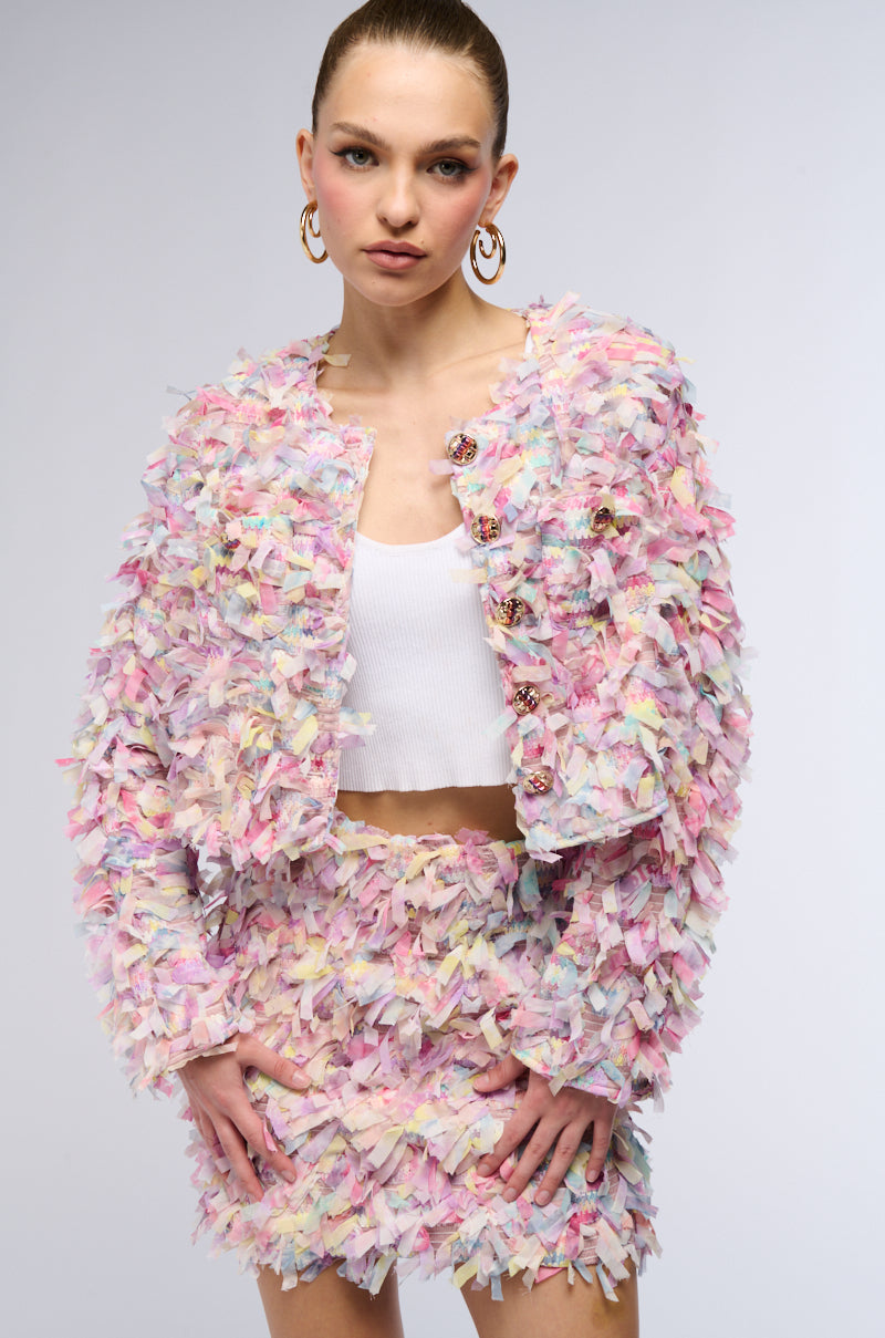 HERE WITH ME FRINGE BLAZER JACKET IN PINK MULTI