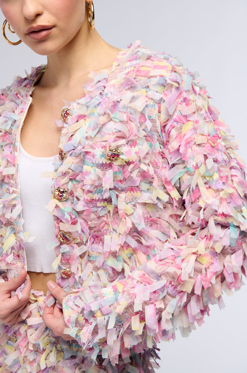 HERE WITH ME FRINGE BLAZER JACKET IN PINK MULTI