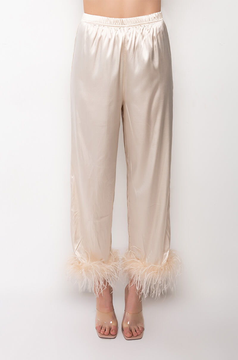 HIDDEN AGENDA FEATHER DETAIL CROPPED SATIN PANTS