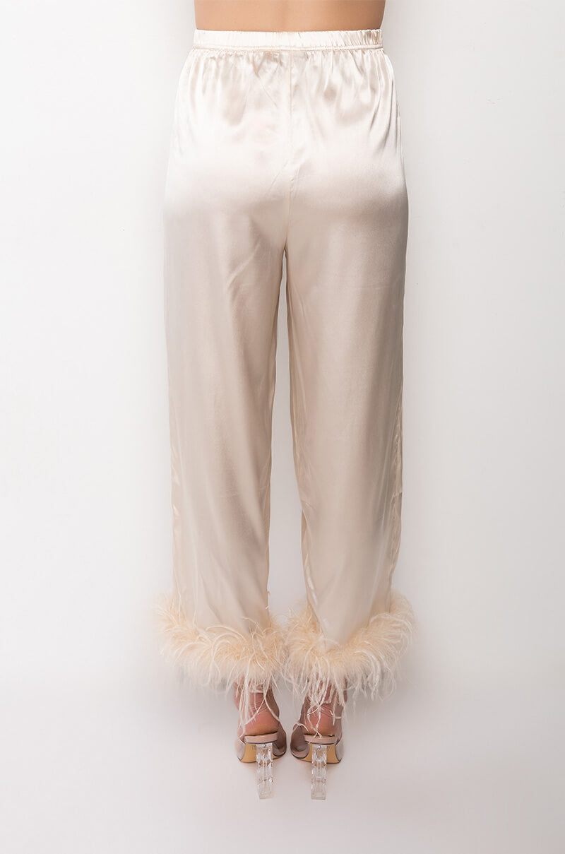 HIDDEN AGENDA FEATHER DETAIL CROPPED SATIN PANTS