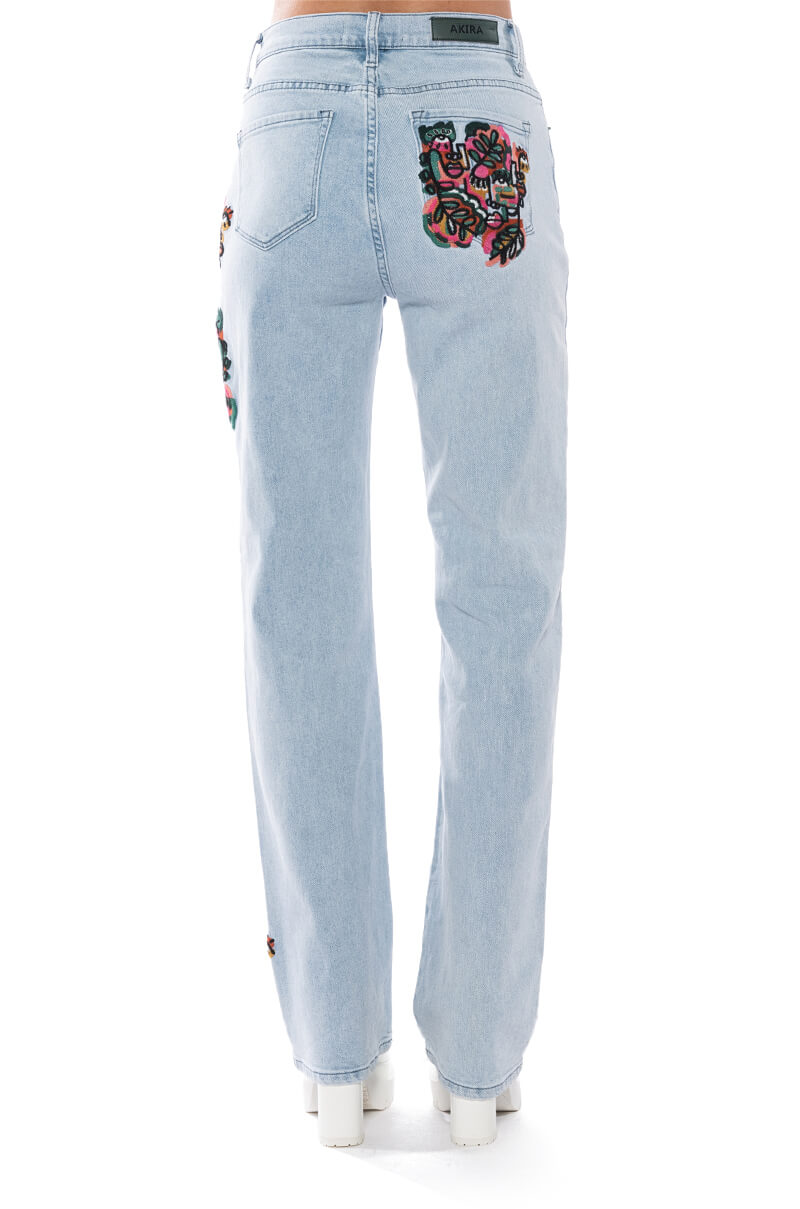 HIDDEN FACES EMBROIDERY DETAILED STRAIGHT LEG JEANS