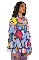 HIGH KEY ABSTRACT BUTTON DOWN BLOUSE