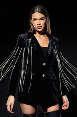 HIGHEST BIDDER RHINESTONE FRINGE VELVET BLAZER