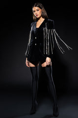 HIGHEST BIDDER RHINESTONE FRINGE VELVET BLAZER