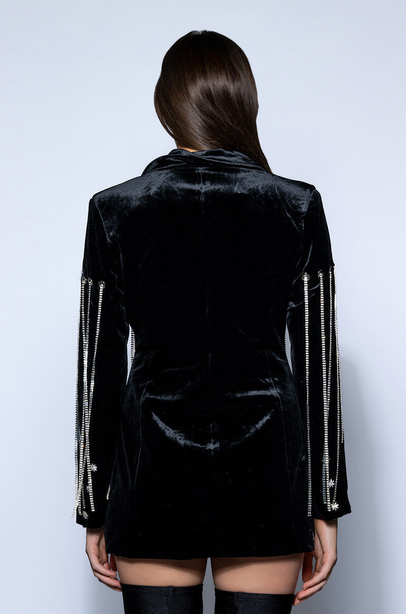 HIGHEST BIDDER RHINESTONE FRINGE VELVET BLAZER