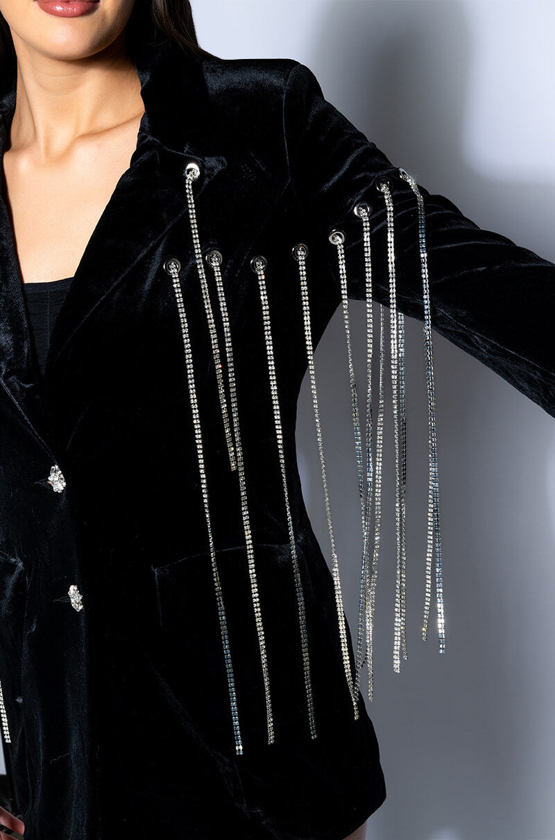 HIGHEST BIDDER RHINESTONE FRINGE VELVET BLAZER