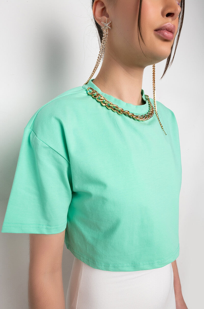 HOLD THE DRAMA CHAIN DETAIL CROPPED TSHIRT