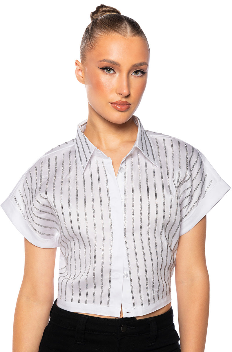 RHINESTONE STRIPE CROPPED BUTTON DOWN