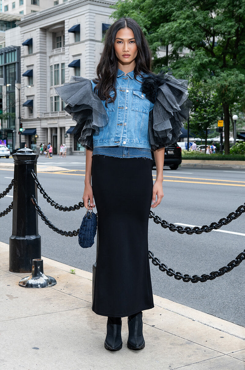 HOLLYWOOD DREAMS DENIM AND COTTON MAXI SKIRT