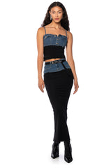 HOLLYWOOD DREAMS DENIM AND COTTON MAXI SKIRT