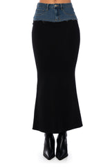 HOLLYWOOD DREAMS DENIM AND COTTON MAXI SKIRT