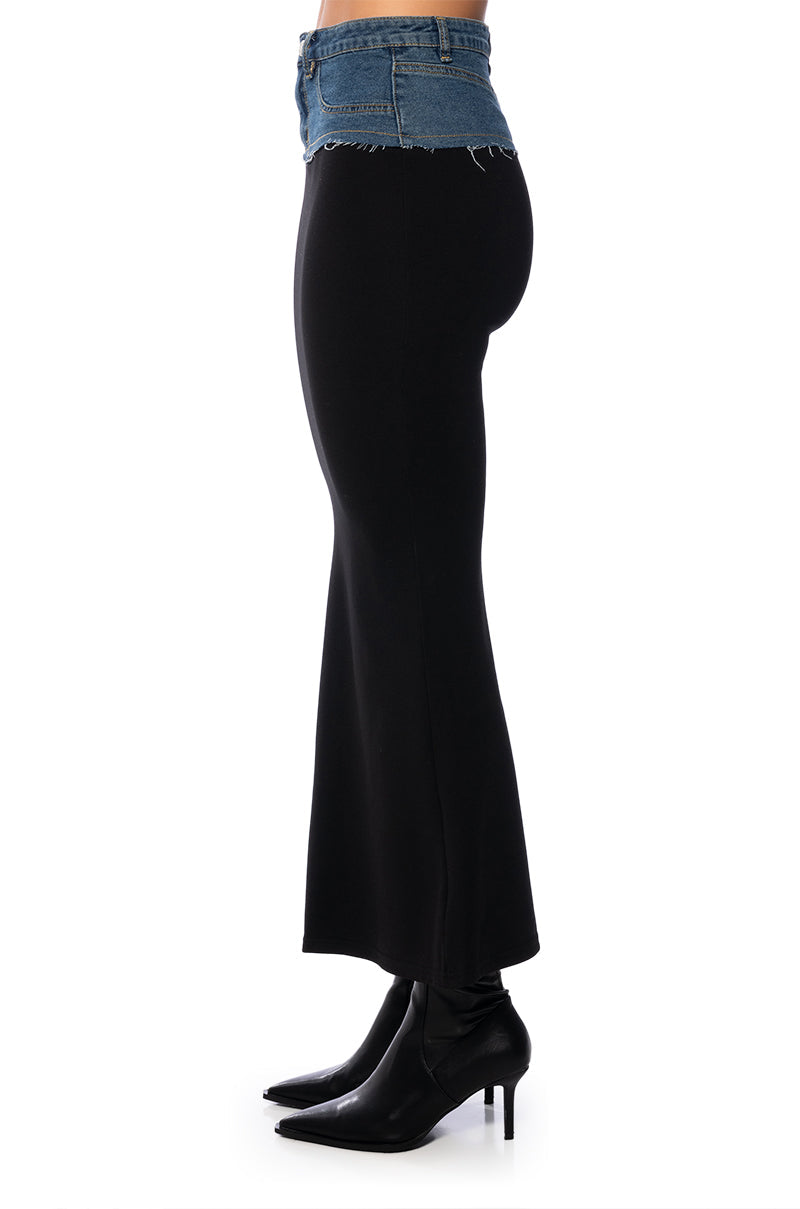 HOLLYWOOD DREAMS DENIM AND COTTON MAXI SKIRT