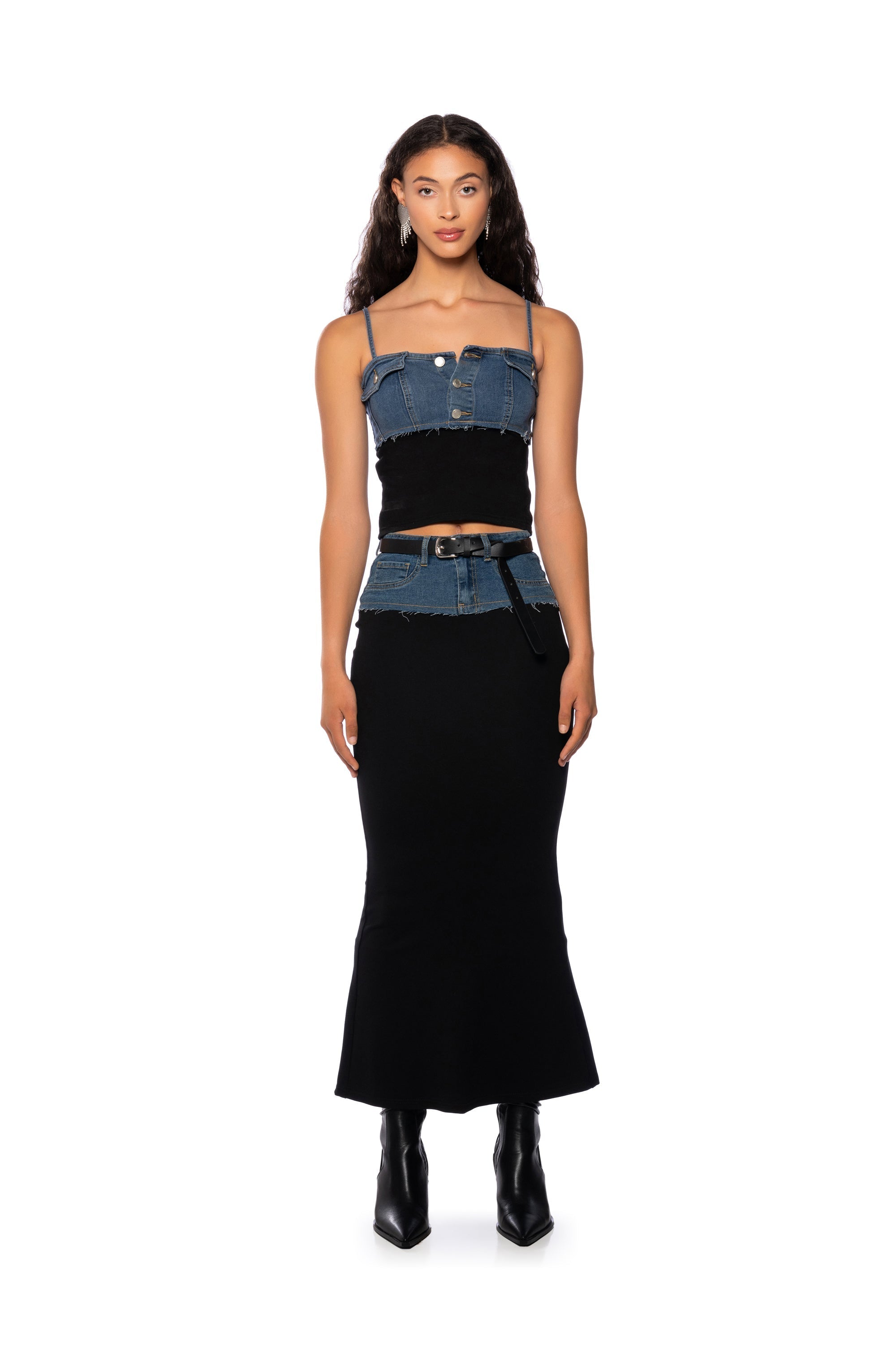 HOLLYWOOD DREAMS DENIM AND COTTON MAXI SKIRT