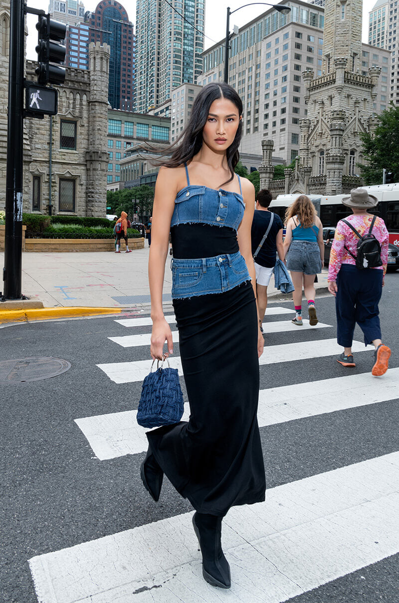 HOLLYWOOD DREAMS DENIM AND COTTON MAXI SKIRT