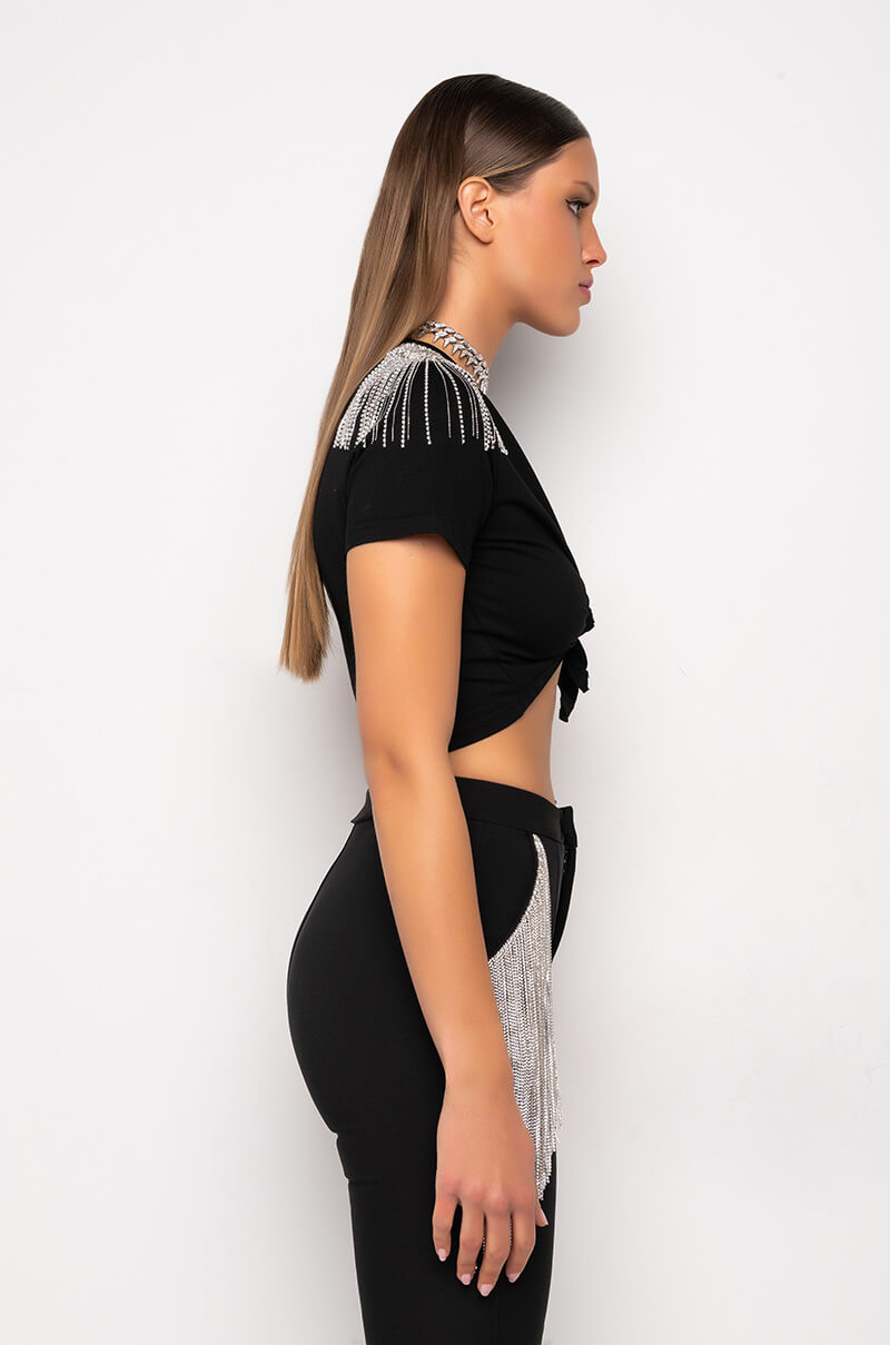 HOUSTON ATLANTA VEGAS EMBELLISHED TIE FRONT CROP TOP