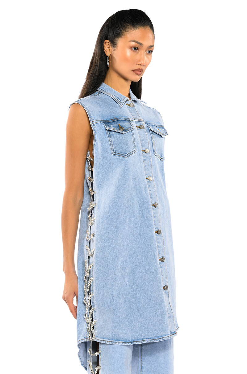 HOUSTON ATLANTA VEGAS RHINESTONE TRIM DENIM VEST