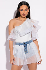 HOW SOON IS NOW TULLE DENIM SHORTS