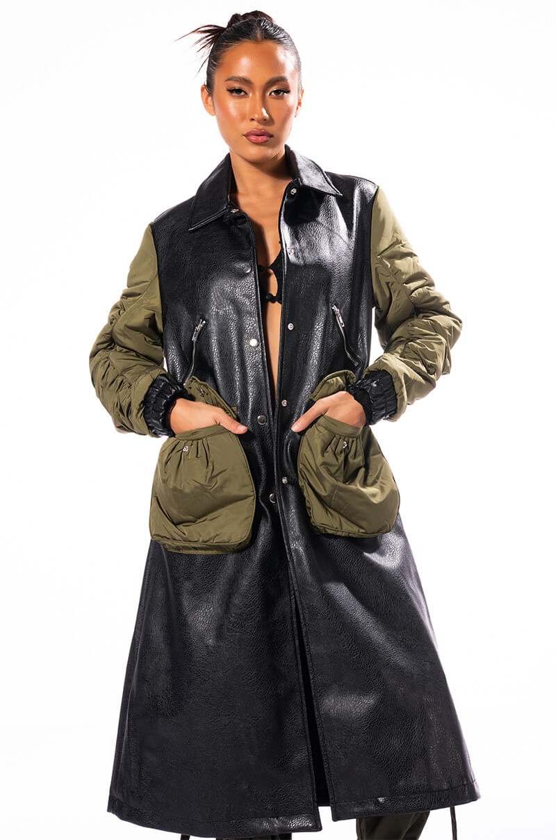 HYBRID MOTO PLEATHER TRENCH
