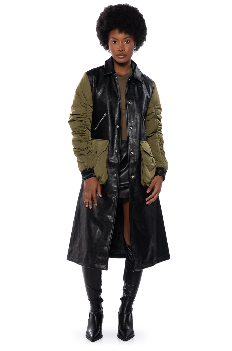 HYBRID MOTO PLEATHER TRENCH