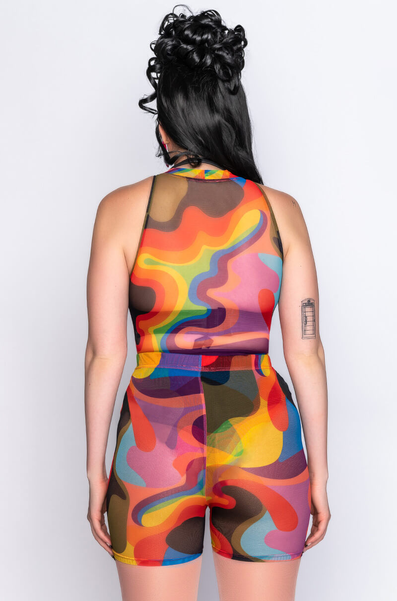 I AM ME MOCK NECK SLEEVELESS MESH BODYSUIT