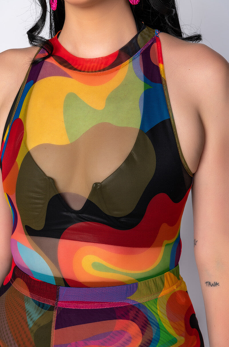 I AM ME MOCK NECK SLEEVELESS MESH BODYSUIT