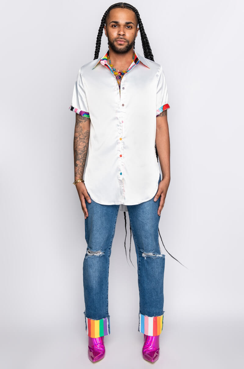 I AM ME TIGER BUTTON UP SATIN BLOUSE