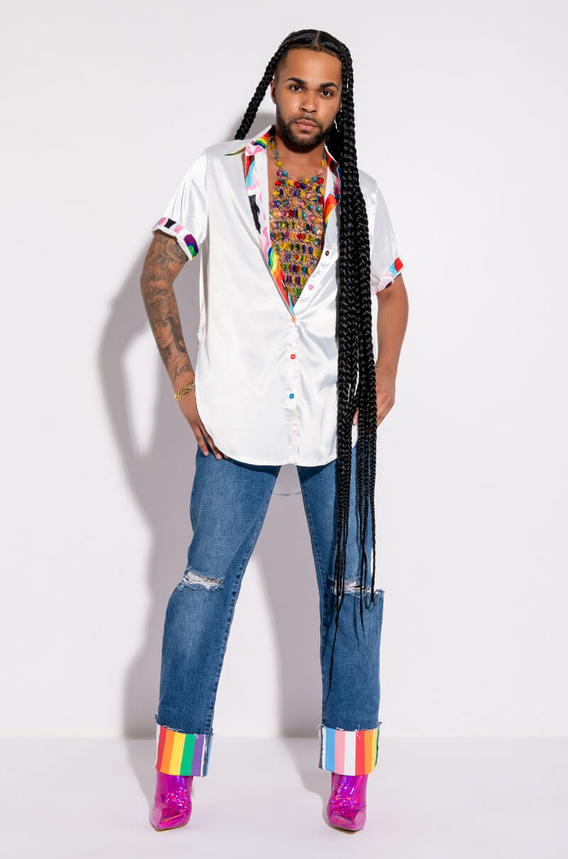 I AM ME TIGER BUTTON UP SATIN BLOUSE